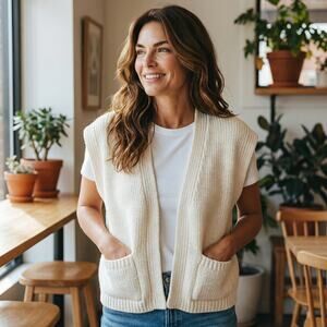 Vintage Cream Sweater Vest Open Front Pockets Knit Cardigan Grandmacore Womens S